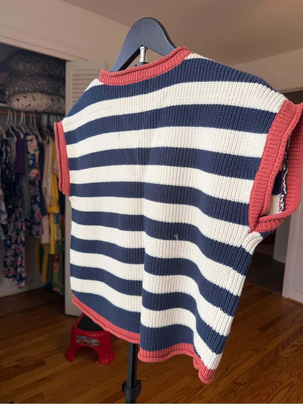 Striped Knit Cap-Sleeve Sweater in Navy and Cream with Rust Trim Size XS - Picture 6 of 6